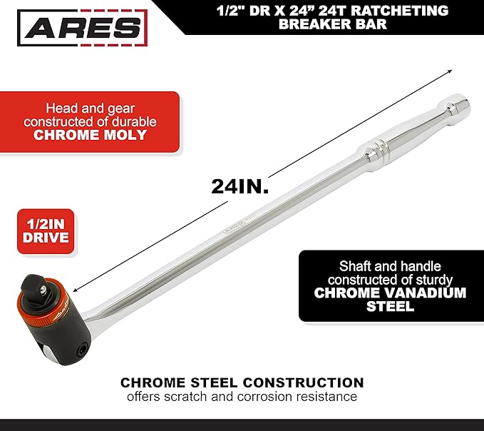 ARES 40012 – 1/2-Inch Drive Ratcheting Breaker Bar – 24-Inch Length – 24 Tooth Ratchet Design Features Reversible Ratchet Collar