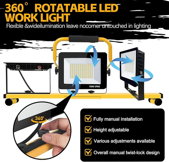 21000 Lumen Work Lights with Stand, 3 Adjustable Heads LED Work Lights, with Adjustable and Foldable Tripod Stand, Waterproof Lamp with Individual Switch with 6500 Kelvin Color Temperature (3-Heads)