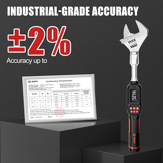 VANPO Adjustable Digital Torque Wrench, 2.2-44.3 Ft.lb/3-60Nm, ±2% Accuracy, HVAC Torque Wrench with Interchangeable 42mm Jaw & 3/8" Ratchet Head, Buzzer, Vibration and LED Alert for Split AC, Moto
