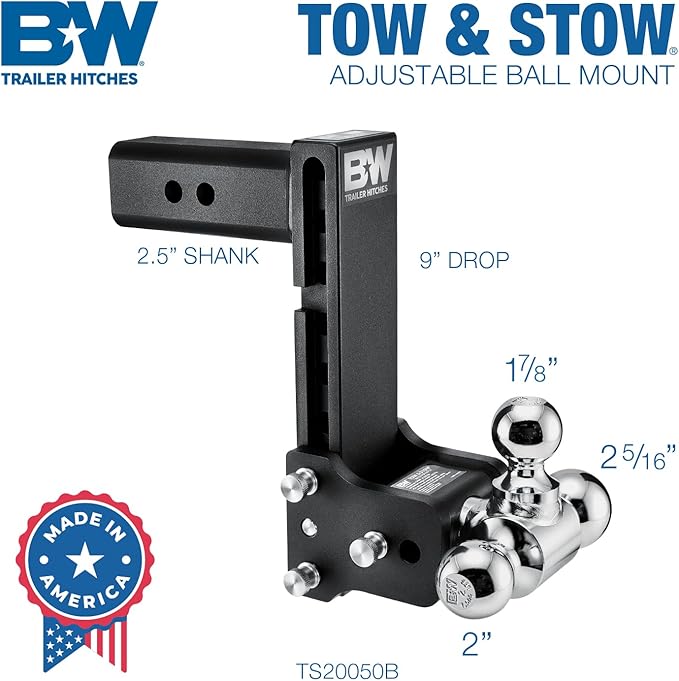 B&W Trailer Hitches Tow & Stow Adjustable Trailer Hitch Ball Mount - Fits 2.5" Receiver, Tri-Ball (1-7/8" x 2" x 2-5/16"), 8.5" Drop, 18,000 GTW - TS20050B