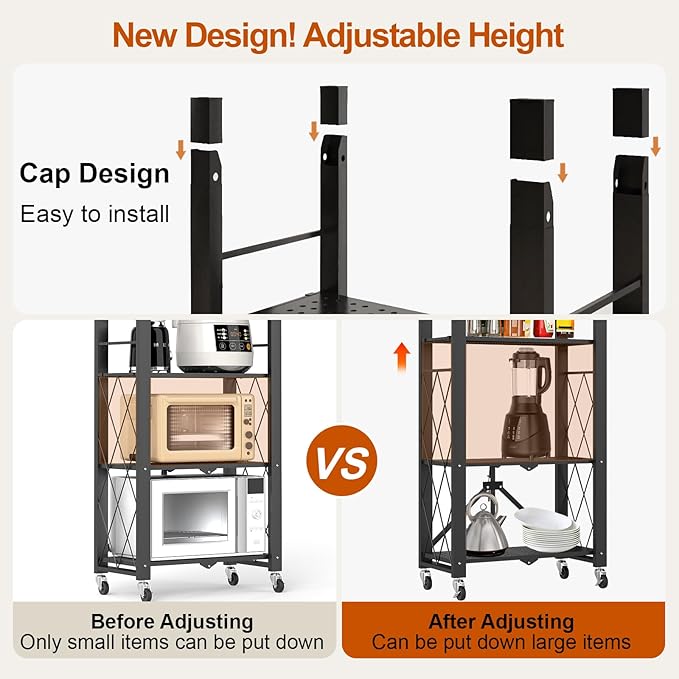 6-Tier Foldable Storage Shelves with Wheels, Folding Metal Shelf Unit, Folding Bookshelf no Assembly, Collapsible Shelves for Craft Shows for Kitchen, Bedroom, Living Room, Black