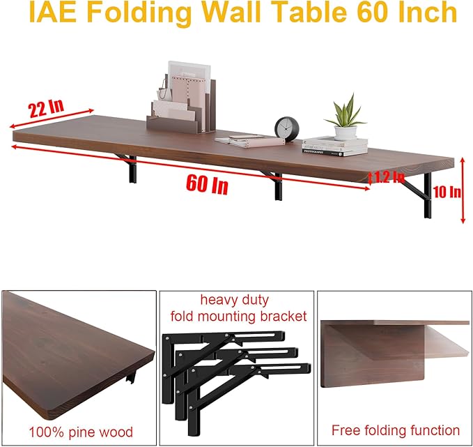 IAE Floating Wall Mounted Folding Table Desk with Pine Wood,60" x 22" Foldable Workbench,Fold Down Wall Mounted Foldable Desk with Shelf Brackets,Laundry Folding Table for Home,Dining,Kitchen,Brown