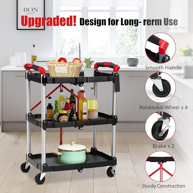 PioneerWorks Folding Utility Service Cart, Collapsible Cart with Wheels, 3 Tier Rolling Utility Cart, Folding Cart with Wheels Collapsible, Service Cart for Tool, Grocery, Bar, Garage, Kitchen, Office