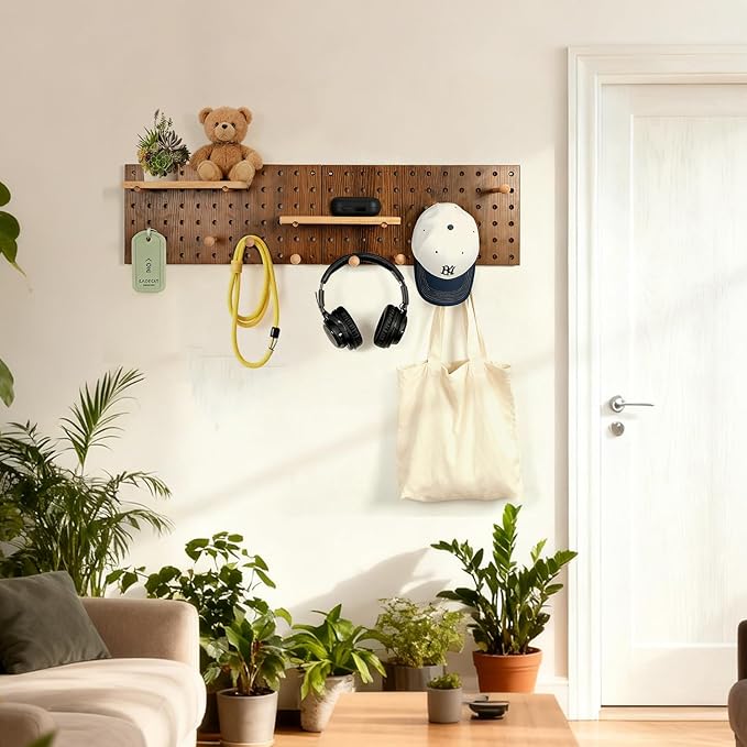 Brown Wood Pegboard Modular Display Wooden Pegboard Combination Wall Organizer Storage Wall Hooks Shelf for Home, Office, Bathroom, Comes with 2 Pieces Pegboards