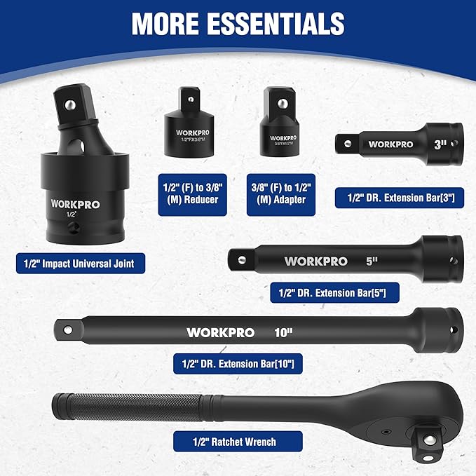 WORKPRO 1/2” Drive Impact Socket Set, 65PCS SAE(3/8”-1-1/4”) and Metric(10-24mm) Deep & Shallow Kit, Ratchet Handle, Extension Bar, Impact Universal Joint and Adapters for Automotive Repair