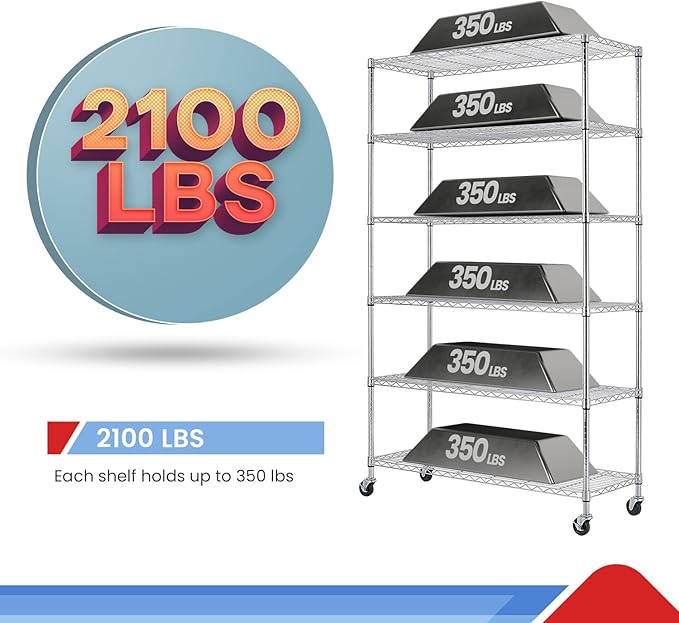 BestOffice Wire Shelf Adjustable Organizer 6 Wire Shelving Unit Metal Storage Shelves, NSF Utility Commercial Grade Heavy Duty 2100 LBS Capacity-18x45x82,Chrome