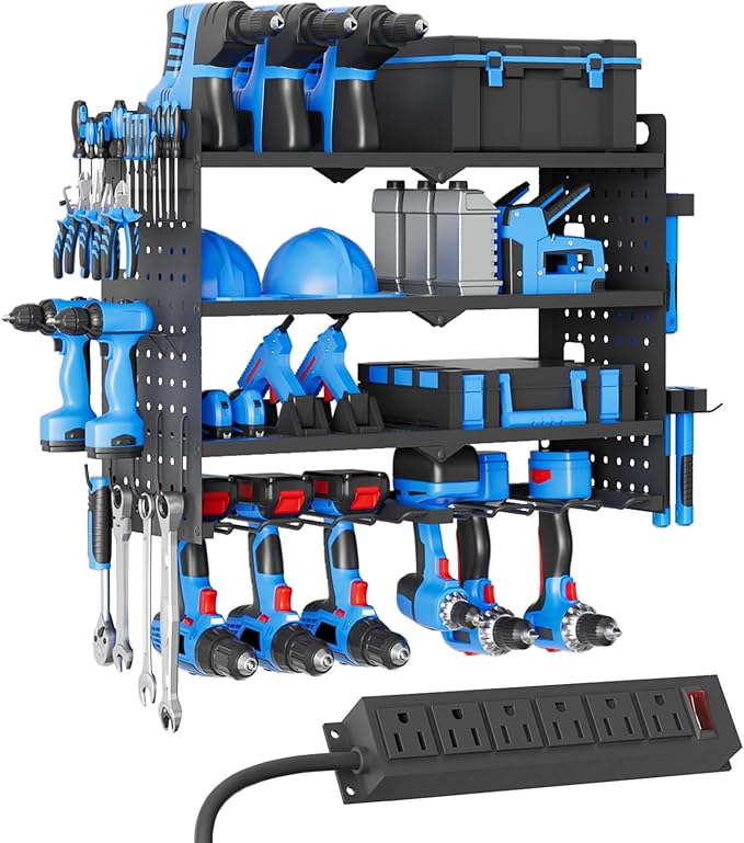 Power Tool Organizer Wall Mount with Charging Station, Drill Holder, Heavy Duty Storage Utility Racks, Supports 600 lbs,Battery Shelf for Garage and Workbench (24 Inch 6 Drills Holder)
