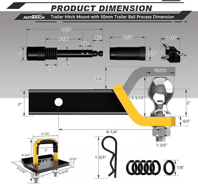 AUTMATCH Trailer Hitch Ball Mount with 2 Inch Hitch Ball - Fits 2" Receiver with Hitch Tightener, 8000Lbs Capacity Ball Hitch, 2-Inch Drop with 5/8" Hitch Lock Pin, Yellow & Black