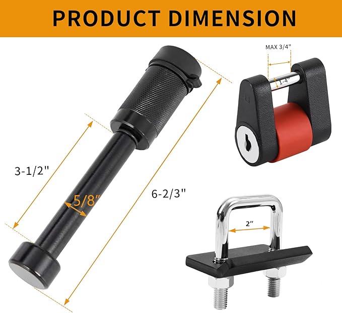 Hitch Lock Set Keyed Alike, 5/8" Dia Trailer Hitch Lock Fits Class III, IV, V Receivers, Anti-Rattle Hitch Tightener for 1.25" and 2" Hitches, 1/4" Dia Trailer Tongue Lock for Tow Boat RV Truck