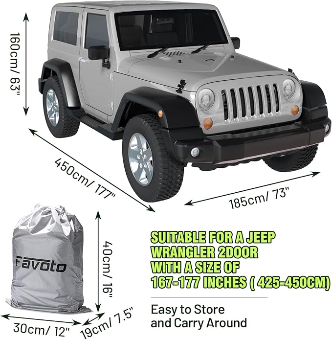 Favoto Car Cover All Weather - for Jeep Wrangler 2 Door Waterproof 6 Layers Heavy Duty Outdoor UV Rain Snow Protection with 4 Windproof Straps Zipper Universal Fit for Jeep (167"-177")