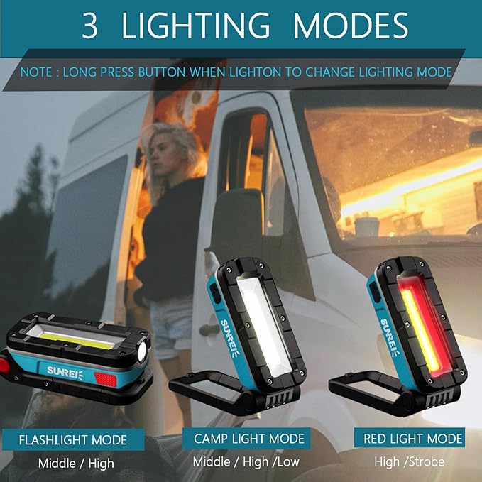 SUNREI LED Rechargeable Magnetic Work Lights COB Mechanic Lights,1200 Lumens, Magnetic Base & Hanging, 7Mode, Magnetic Flashlight Job Site & Security for Car Repair, Emergency, Gift for Men
