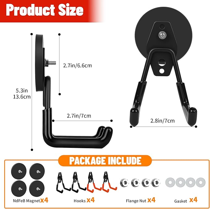4 Pack Heavy Duty Magnetic Garage Hooks,No Drill Installation and Rubber Coating for Scratch-Free Use,Space Saving Large Utility Hooks for Kitchen,Tools,Pegboard,Workshop (Red 2pcs+Black 2pcs)