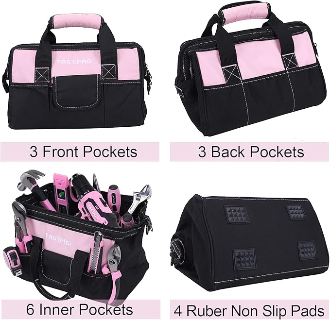 FASTPRO Pink Tool Set, 220-Piece Lady's Home Repairing Tool Kit with 12-Inch Wide Mouth Open Storage Tool Bag