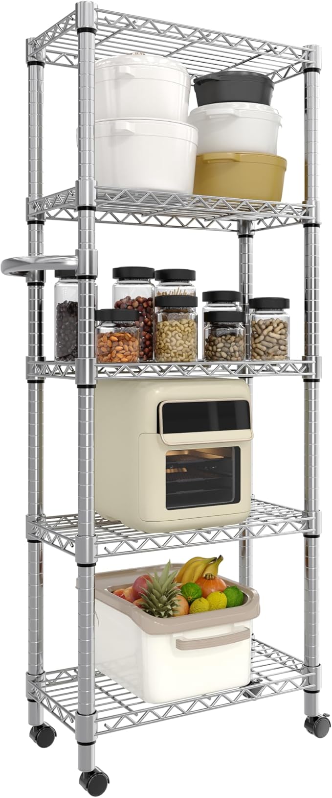 GarveeHome 5-Tier Heavy Duty Storage Shelves 1100 LBS Metal Wire Rack Shelving with Lockable Wheels, 61" H Rolling Storage Rack for Kitchen Garage Bedroom