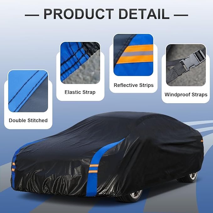 Car Cover Waterproof All Weather for Automobiles, Full Exterior Covers for Sedan & Coupe (201-208inch) Universal Fit for Dodge Charger/Challenger, Chrysler 300 etc.Rain Winter Sun Protection