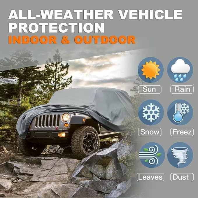 Kayme Heavy Duty Jeep 2dr Car Cover, Custom Fit Jeep Wrangler 2 Door CJ YJ JK JL Waterproof All Weather for Automobiles, Full Car Cover - Sun, Rain & UV Protection