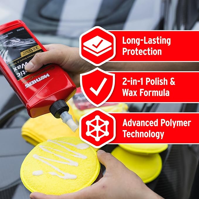 Mothers California Gold Synthetic Wax, 16 oz. — Long-Lasting Protection with Micro-Encapsulated Polymers, Polishes, Enhances Depth, Gloss & Shine, Easy-to-apply 2 in 1 Polish & Wax Formula (05716)