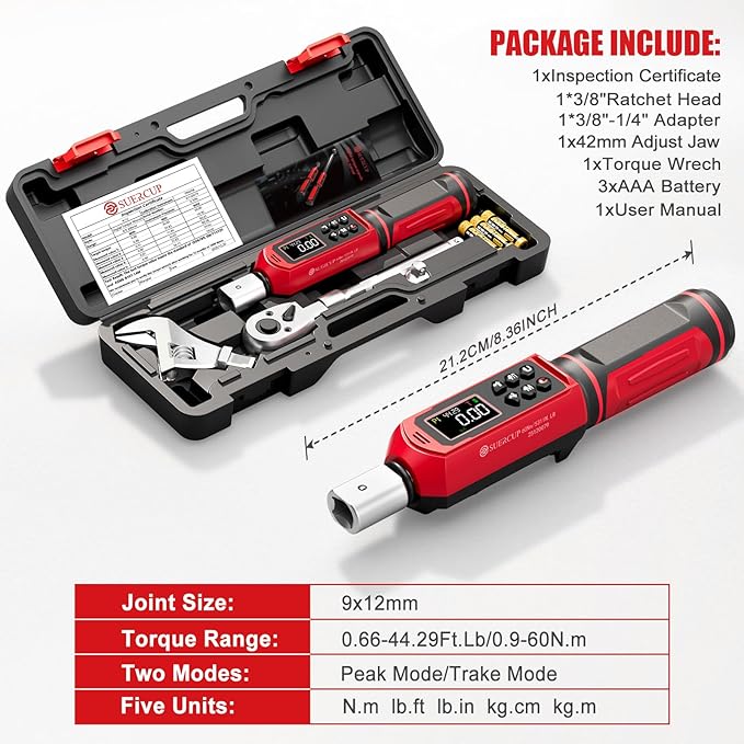 Adjustable Digital Torque Wrench 0.66-44.29Ft.Lb/0.9-60N.m,9x12 mm Open End Hvac Torque Wrench with 3/8 Drive Ratchet Head&42mm Jaw, Vibration, Buzzer,LED Notification for Split AC, Bike, Moto