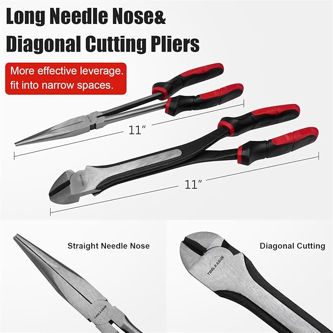 TOOLEAGUE 4Pcs Extra Long Needle Nose Pliers Set,11" Long Reach Straight,45/90 Degree Bent Nose,Diagonal Pliers Craft Repairing Tool
