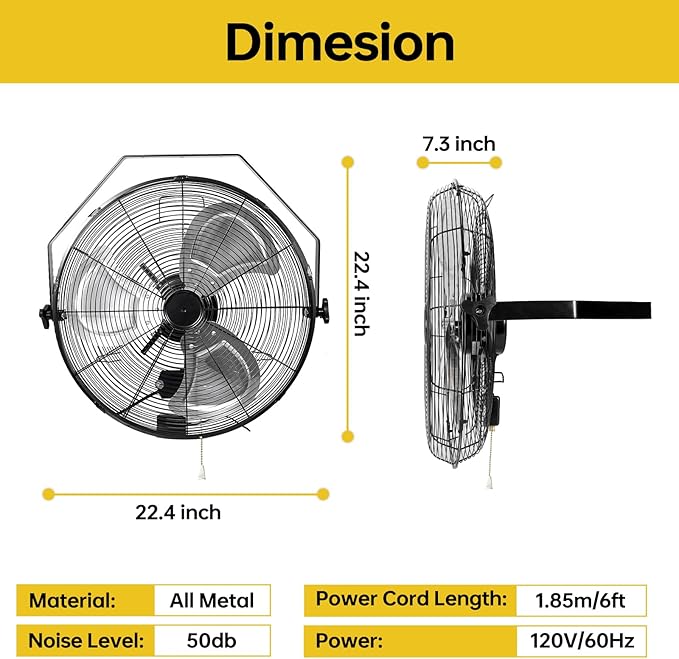 18 Inch Wall Mount Fan - High Velocity Fan, 3 Adjustable Speeds & 270° Tilting, Industrial Fan for Bedroom, Patio, Warehouse, Metal Fan for Optimal Ventilation Cooling, Durable Wall Fans.
