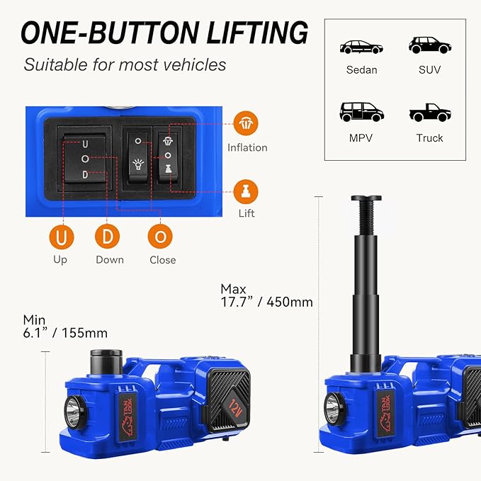 Electric Car Jack Kit with Hydraulic Lift 5-Ton, Tire Inflator Heavy-Duty 12V Floor Jack for Sedans,SUVs,MPVs & Trucks.Ideal for Tire Changes & Garage Repairs (Without Wrench)