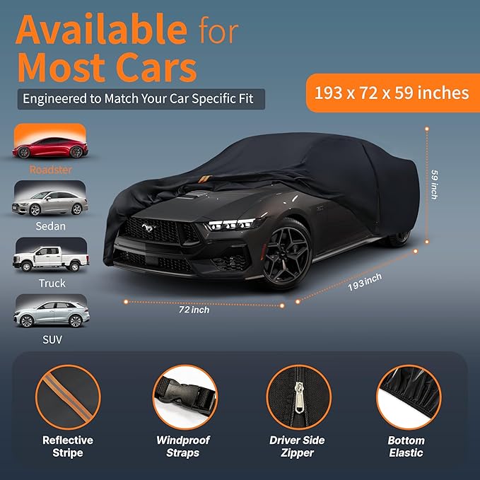 Waterproof Car Cover All-Weather, Heavy-Duty Outdoor Full Exterior Automobiles Snow Cover for Sedan/Coupe 186-193 inch with Sun Visor,Zippered & Storage Bag - Black