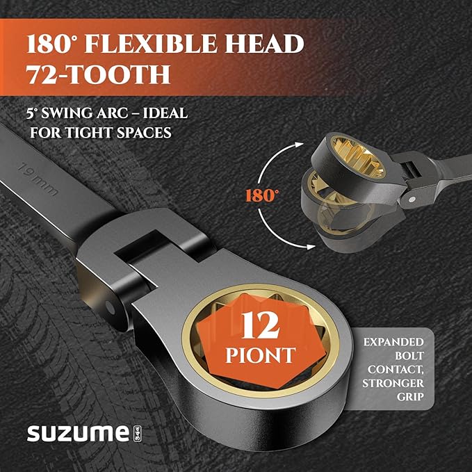 SUZUME 3/8” Flex Head Ratcheting Wrench SAE 72 Teeth Cr-V Steel with 180° Flexible Head 15K+ Cycle Locked Gears Black Nickel Coating
