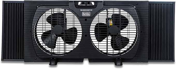 BLACK+DECKER 9" Dual Window Fan with 2 Speed Settings, Twin Fan Heads with Mechanical Dial Control, Removable Legs, For Sliding Windows up to 33” W with Accordion Expanders, BFW9MB, Black