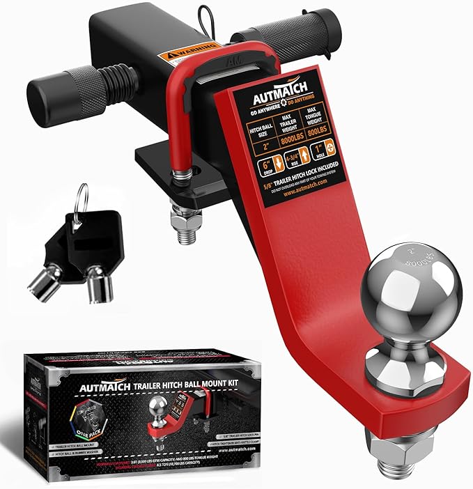 AUTMATCH Trailer Hitch Ball Mount with 2 Inch Hitch Ball - Fits 2" Receiver with Hitch Tightener, 8000Lbs Capacity Ball Hitch, 6-Inch Drop with 5/8" Hitch Lock Pin, Red & Black