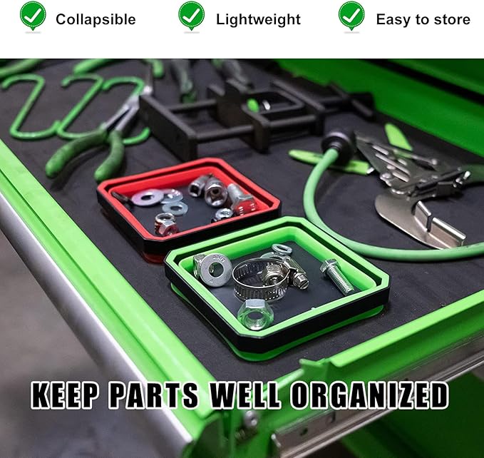 Collapsible Magnetic Parts Tray, 4.5 Inch Foldable Magnetic Square Silicone Tray, Tool Tray Set with Double-Sided Magnetic Base for Screw Bolts Nuts Pins, Car Accessories (Red)