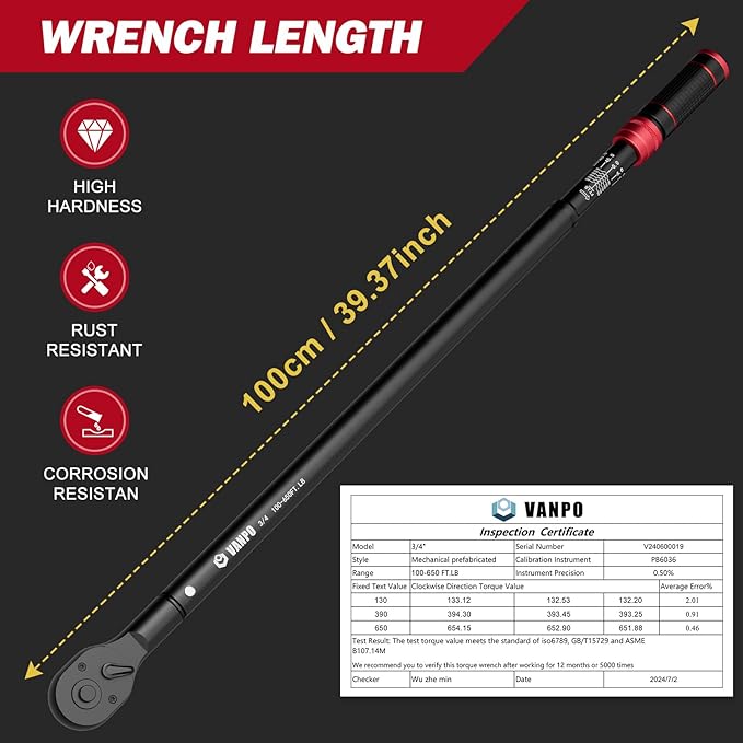 VANPO 3/4-inch Drive Click Torque Wrench, 100-650Ft-Lb/135.5-880.8Nm, Industrial Adjustable Torque Wrench Set with a Hex Key for Oil Rigs, Trucks & Off-Road Equipment