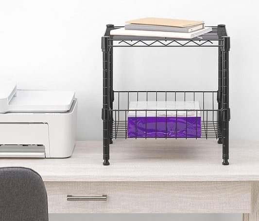 Whitmor 2 Tier Metal Storage Shelves, Heavy Duty Shelf with Basket, 350 lbs Capacity per Shelf, 700 lbs Total, Home Organizer for Kitchen, Garage, Bathroom, 15" L x 14" W x 15" H, Black