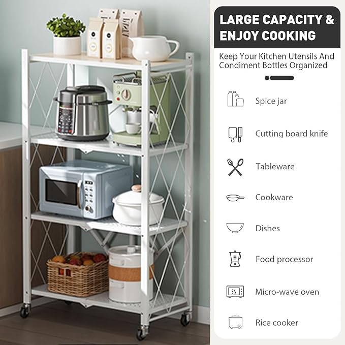Foldable Storage Shelves with Wheels, Folding Shelving Units Storage, Heavy Duty Metal Collapsible Shelf No Assembly, Large Capacity Pop-Up Organizer for Garage,Kitchen,Living Room, 4-Tier White