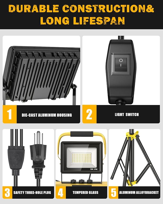 Upgraded LED Work Lights with Stand, 21000 Lumen 3-Head Adjustable Work Light, IP66 Waterproof Construction Tripod Light, Foldable & Portable Work Lights for Garage, Job Site, Outdoor Use