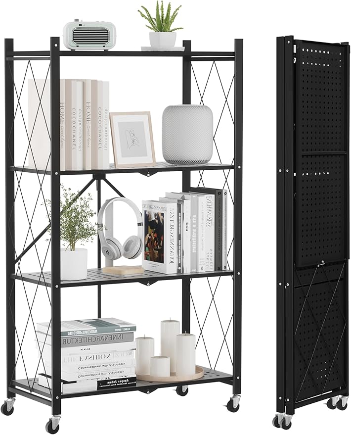 ALANNG Heavy Duty 4-Tier Folding Shelf with Wheels, No Tools Assembly Metal Storage Rack Cart, 264LBS Capacity for Kitchen, Pantry, Laundry Room, Garage, (Black, 1PACK)