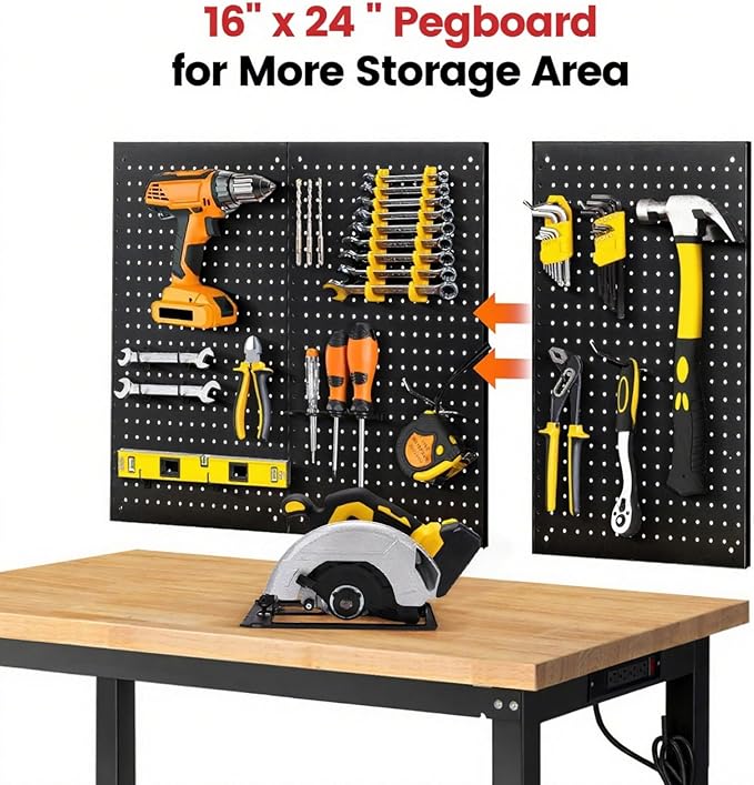 ENJOYWOOD 48" x 20" Heavy Duty Workbench Adjustable Height Garage Work Table with Solid Rubberwood Top, Double Layer Shelf, Pegboard & Power Outlets for Workshop, Home & Office