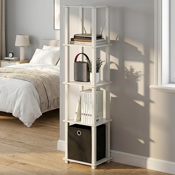 Furinno Turn-N-Tube Book Shelf, 5-Tier Square Open Frame Display Shelf, Corner Storage Shelves with Storage Bin, Shelving Unit, for Organization, Living Room, Garage, Home Office, White