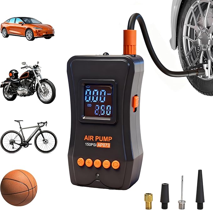 Tire Inflator Portable Air Compressor, 150PSI Dual Power - 4000mAh & 12V DC, Cordless Mini Bike Pump with Digital Dual Values Display/LED Light, tire Air Pump for Car Tires, Bike, Motorcycle, Bicycle