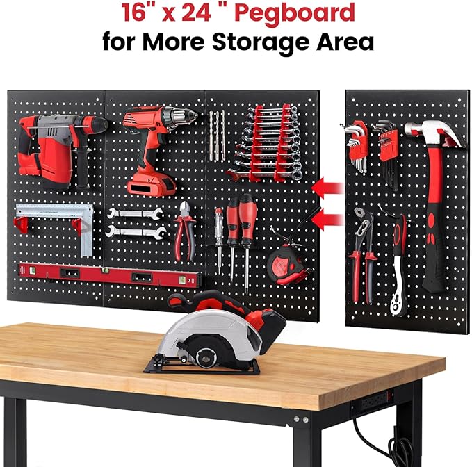 ENJOYWOOD 60" x 22" Adjustable Height Workbench with Under Table Shelf Heavy Duty Rubberwood Top Work Table for Garage, Workshop, Office & Home