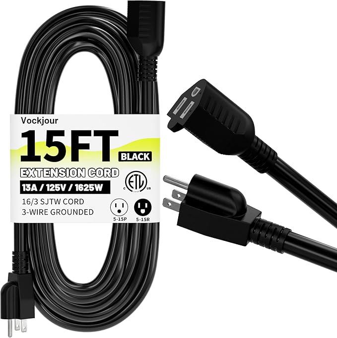 15 Ft 13A 1625W 16AWG Black Indoor Outdoor Extension Cord Waterproof, Extension Cord with 3 Prong Grounded Plug, Flexible Weatherproof Power Cable, SJTW