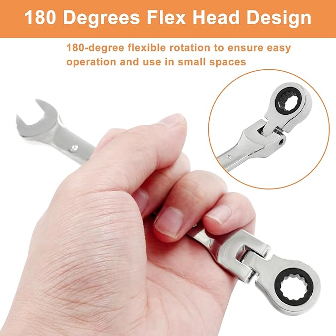 Piutouyar 9mm Flex-Head Ratcheting Wrench, Professional Metric Ratchet Wrench Combination Wrench Box Ended Spanner Tool for Projects Repair(5° Movement and 72 Teeth 12 Point, CR-V)