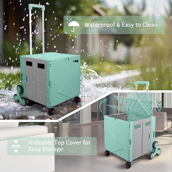 76L Folding Utility Cart Portable Rolling Crate Handcart Shopping Collapsible Tool Box with Stair Climbing Wheels,Hidden Lid,2 Rotate Wheels,for Grocery,Shopping,Office,Storage(Green)