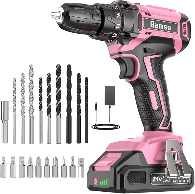 Pink Cordless Drill Set, 21V Electric Power Drill for Women with 2.0Ah Battery Charger, 3/8”Keyless Chuck, 2 Variable Speed, 18+1 Torque, 20pcs Driver Bits and Belt Hook for DIY Projects