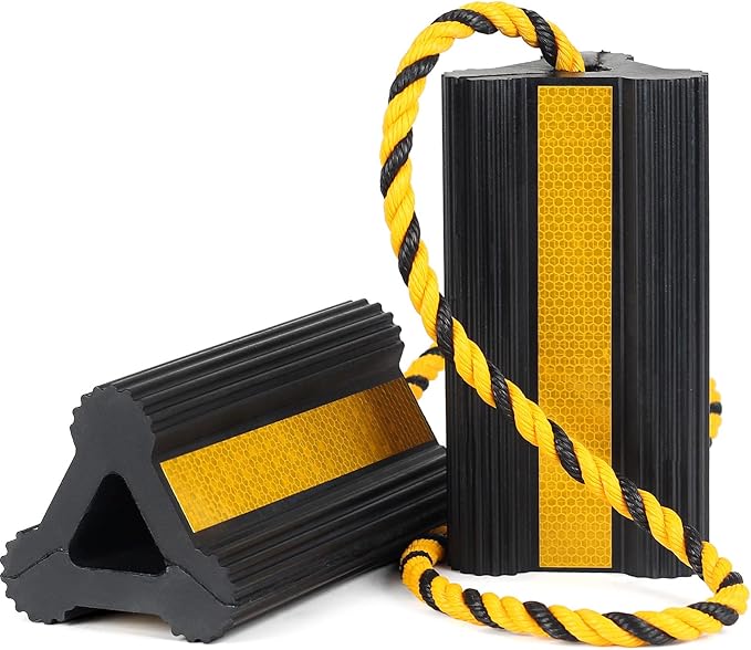 OULEME Heavy Duty Rubber Wheel Chocks, 1 Pair, Non-Slip Tire Stopper Blocks with Rope, for RV Camper Travel Trailers Motorhome Aircraft Car Truck