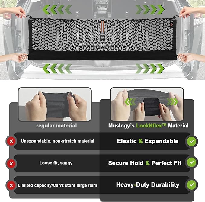 Muslogy Envelope Style Trunk Cargo Net Compatible with 2023 2022 2021 2020 2019 Hyundai Santa Fe Accessories Custom Fit Trunk Organizer Upgraded Storage Luggage Net with Metal Hooks