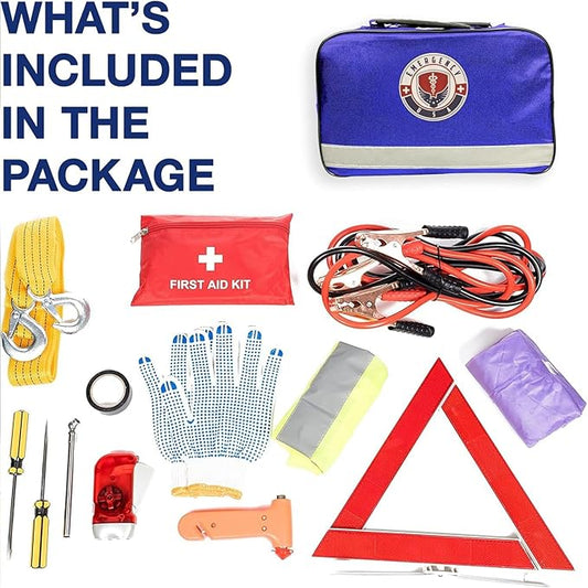 Roadside Car Emergency Kit - First Aid Set, Jumper Cables, Tow Strap, LED Flash Light, Rain Coat, Tire Pressure Gauge, Safety Vest and More (Blue)