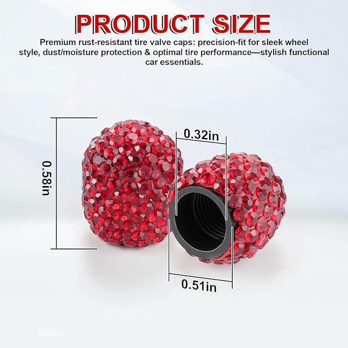 JUSTTOP 4 Pack Handmade Crystal Rhinestone Car Tire Valve Stem Caps, Universal Fit for Cars, Trucks, Motorbikes - Red