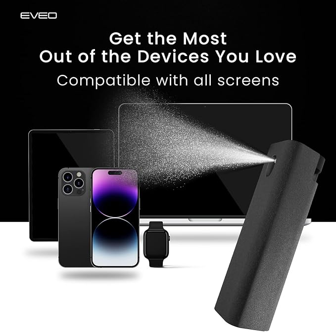 EVEO Car Screen Cleaner Spray and Wipe -2-in-1 iPhone Cleaner, iPad Screen Cleaner & Phone Screen Cleaner - Touchscreen Mist Cleaner for Laptop, Computer, MacBook and More - 2 Pack (Grey & Purple)