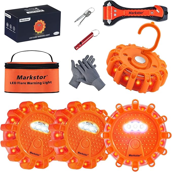 4-Pack-Parts LED Road Flare Car Emergency Kit,Magnetic Base & Hook Road Flares Safety Light With 9 Flashing Modes,Roadside Flares Emergency Lights For Vehicles (4 Pack Parts)