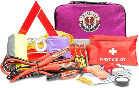 Roadside Car Emergency Kit - First Aid Set, Jumper Cables, Tow Strap, LED Flash Light, Rain Coat, Tire Pressure Gauge, Safety Vest and More (Pink)
